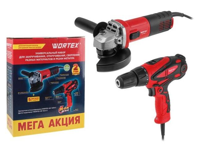 Набор электроинструмента WORTEX 1329385 (болгарка, шуруповерт, 5 дисков)
